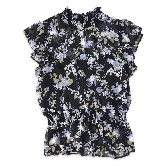 Great Jones Floral Peplum Top Ruffled Mockneck Black w/ Purple Floral Print US M - Picture 3 of 5
